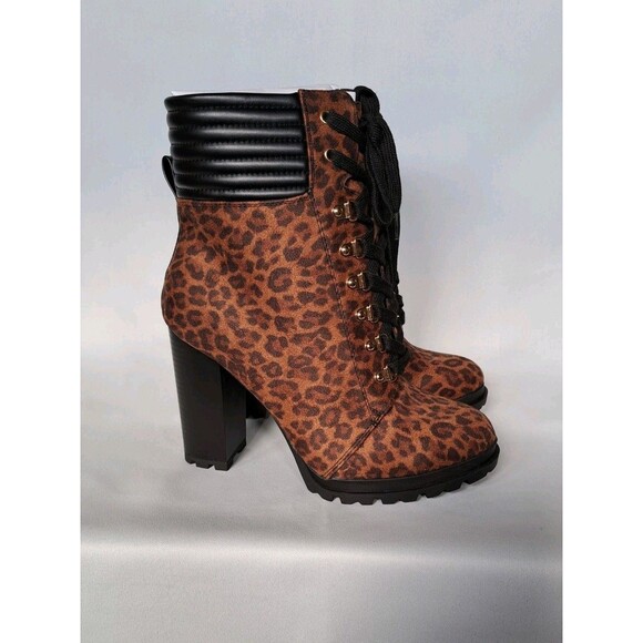 JUSTFAB SHANDEE Leopardino & Black Lace Up Boots Chunky 4.25" Heels S 9 NIB - Picture 1 of 10